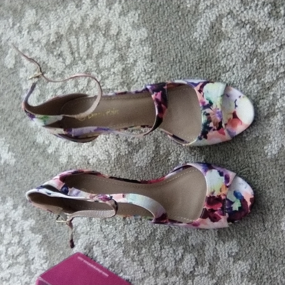 3 inch multi color floral open toe strap heels